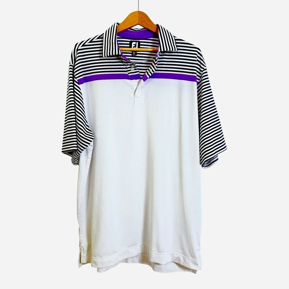 FootJoy Golf FJ Polo Mens Large Pre-Owned Polo White Striped Short Sleeve Purple